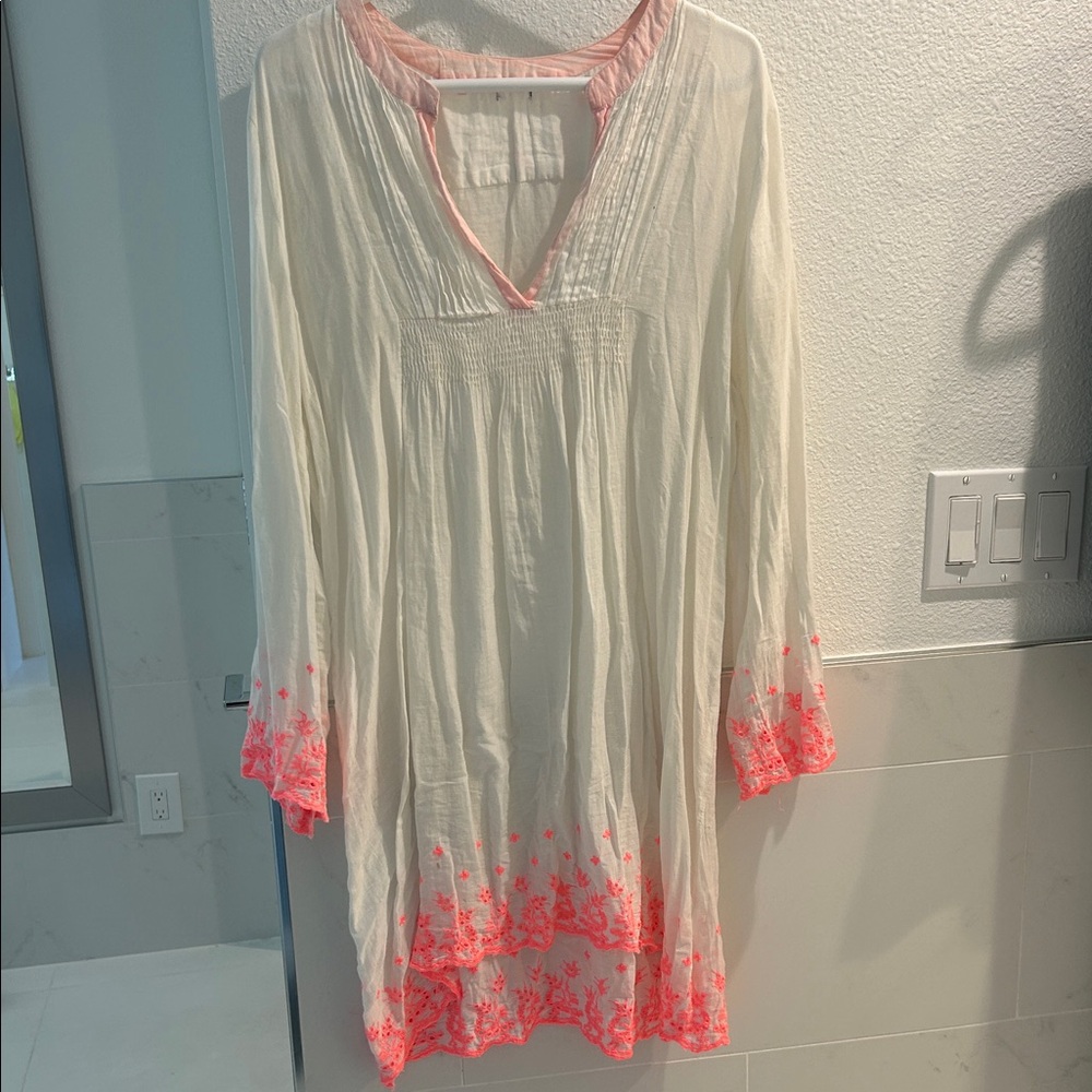 French Softest Cotton White and Pink Embroidered Tunic Dress
